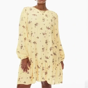Aritzia Wilfred Lambrusco Tiered Mini  Dress Floral Woodblock Print Yellow Small